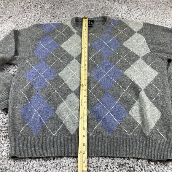Jos A Bank Crewneck Sweater Mens Size Large Gray & Blue Argyle Lambswool Blend - Picture 8 of 9